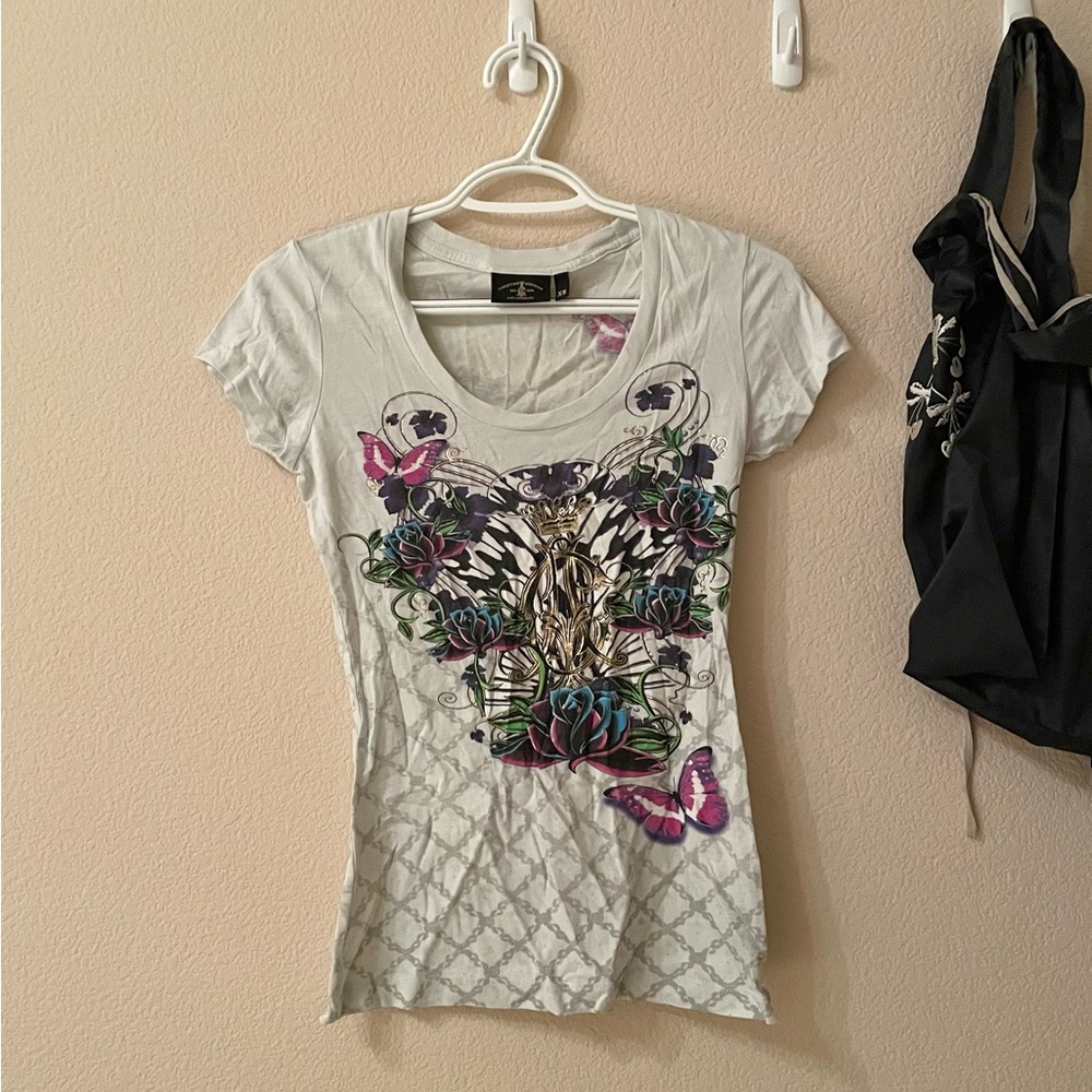 NWOT Vintage Ed Hardy by Christian Audigier graphic tee in light blue and purple